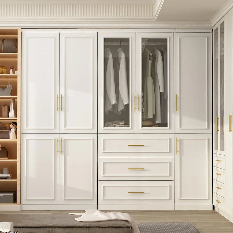 Modular Wardrobe Cabinet with Optional Glass Doors & Drawers, White, Modern Style – Multiple Width Options