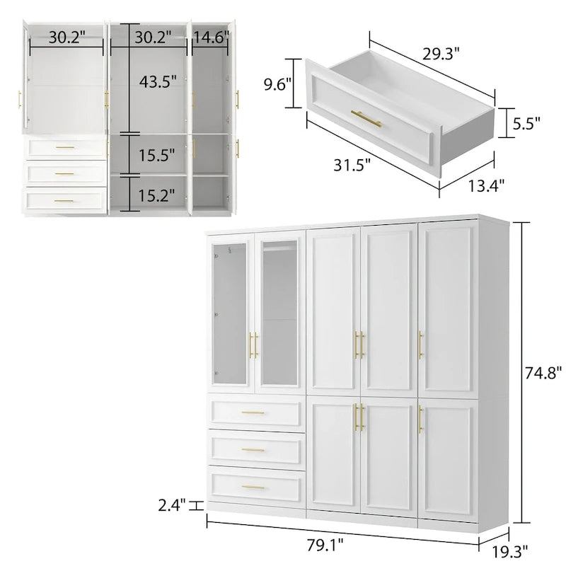 Modular Wardrobe Cabinet with Optional Glass Doors & Drawers, White, Modern Style – Multiple Width Options