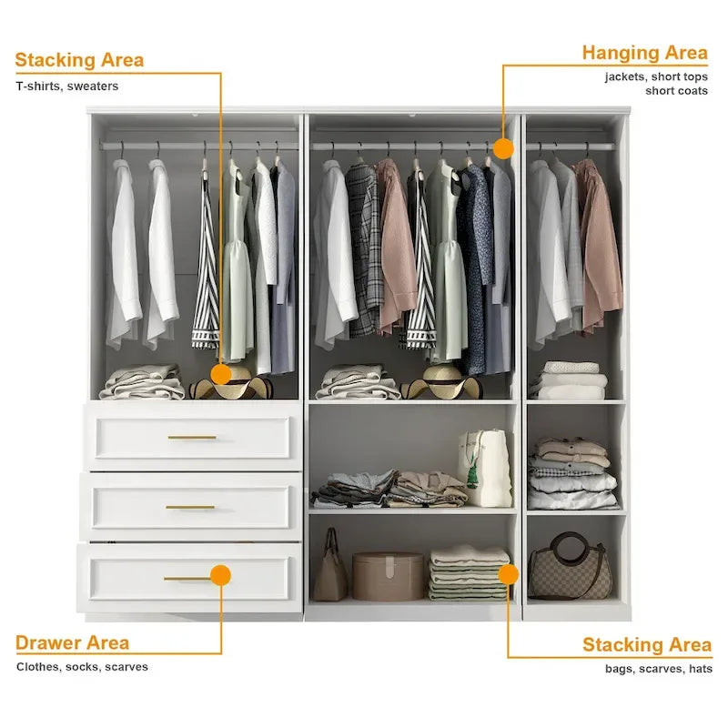 Modular Wardrobe Cabinet with Optional Glass Doors & Drawers, White, Modern Style – Multiple Width Options