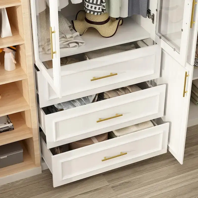 Modular Wardrobe Cabinet with Optional Glass Doors & Drawers, White, Modern Style – Multiple Width Options