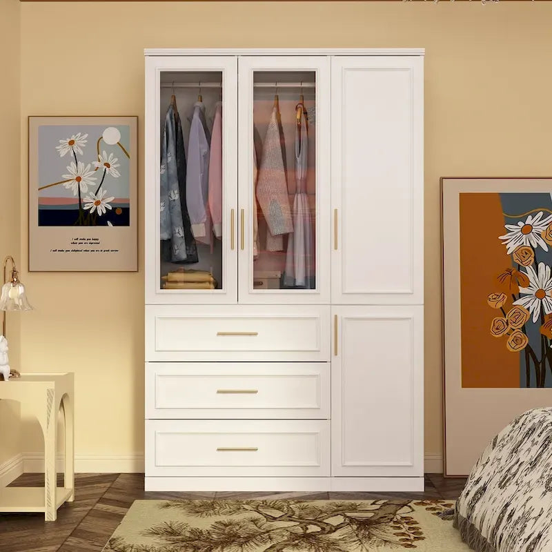 Modular Wardrobe Cabinet with Optional Glass Doors & Drawers, White, Modern Style – Multiple Width Options