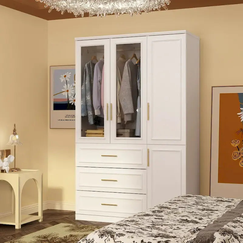 Modular Wardrobe Cabinet with Optional Glass Doors & Drawers, White, Modern Style – Multiple Width Options