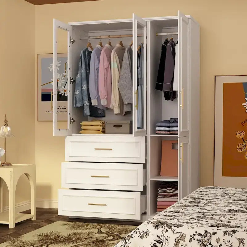 Modular Wardrobe Cabinet with Optional Glass Doors & Drawers, White, Modern Style – Multiple Width Options