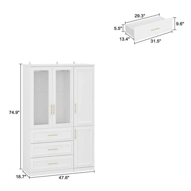 Modular Wardrobe Cabinet with Optional Glass Doors & Drawers, White, Modern Style – Multiple Width Options