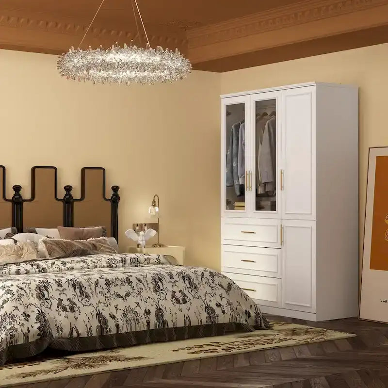 Modular Wardrobe Cabinet with Optional Glass Doors & Drawers, White, Modern Style – Multiple Width Options
