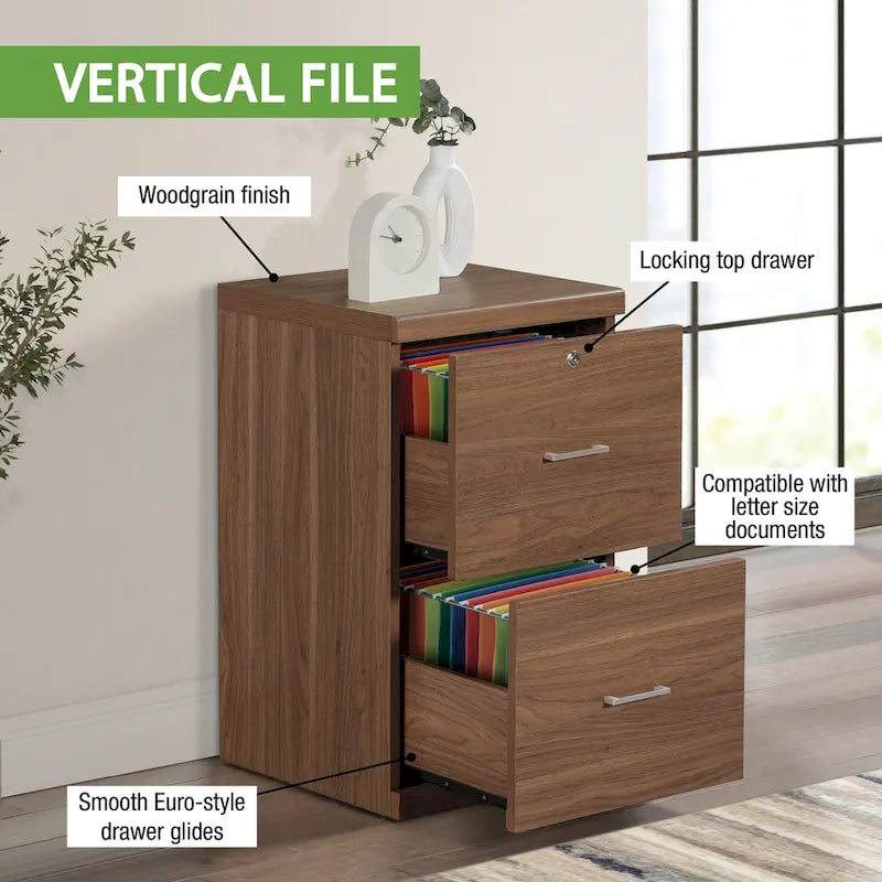 2-Drawer Vertical File Cabinet with Locking Top Drawer & Wood Grain Finish, Black / Espresso / Natural / White, Modern Style