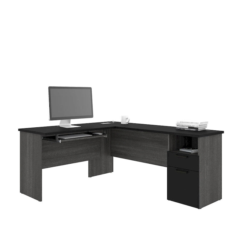 L-Shaped Desk with File Drawer, Keyboard Tray & USB Outlets, Black & Bark Gray / Walnut Gray & White, Modern Style