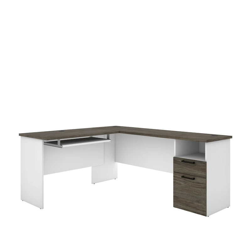 L-Shaped Desk with File Drawer, Keyboard Tray & USB Outlets, Black & Bark Gray / Walnut Gray & White, Modern Style