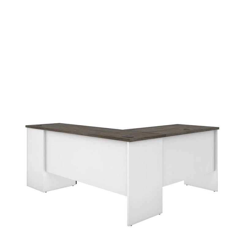 L-Shaped Desk with File Drawer, Keyboard Tray & USB Outlets, Black & Bark Gray / Walnut Gray & White, Modern Style