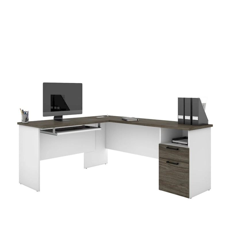 L-Shaped Desk with File Drawer, Keyboard Tray & USB Outlets, Black & Bark Gray / Walnut Gray & White, Modern Style