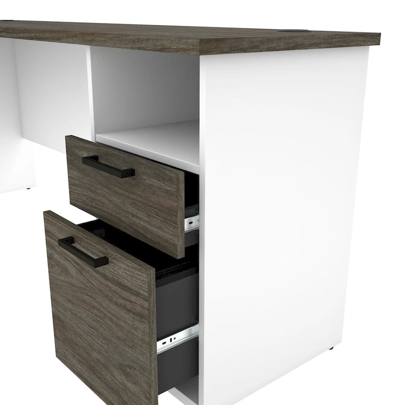L-Shaped Desk with File Drawer, Keyboard Tray & USB Outlets, Black & Bark Gray / Walnut Gray & White, Modern Style