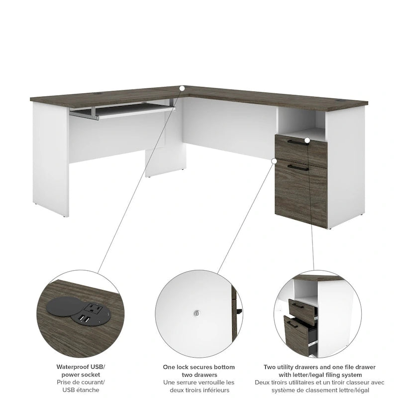 L-Shaped Desk with File Drawer, Keyboard Tray & USB Outlets, Black & Bark Gray / Walnut Gray & White, Modern Style