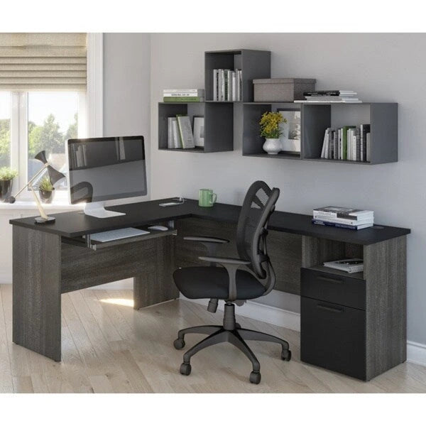 L-Shaped Desk with File Drawer, Keyboard Tray & USB Outlets, Black & Bark Gray / Walnut Gray & White, Modern Style