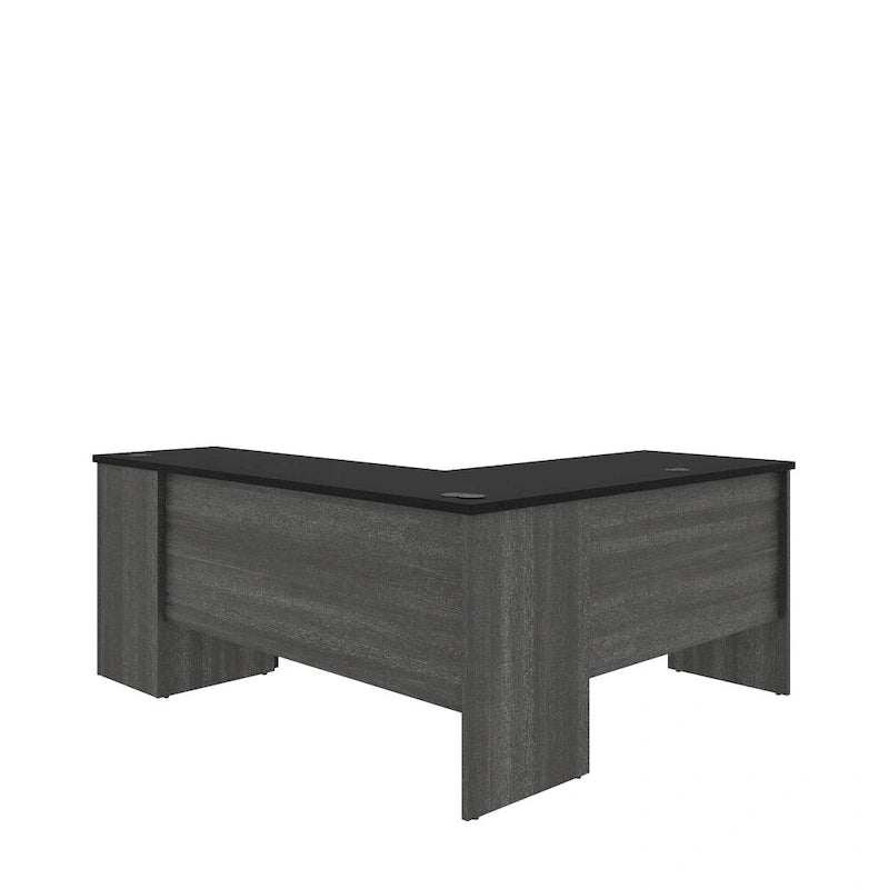 L-Shaped Desk with File Drawer, Keyboard Tray & USB Outlets, Black & Bark Gray / Walnut Gray & White, Modern Style