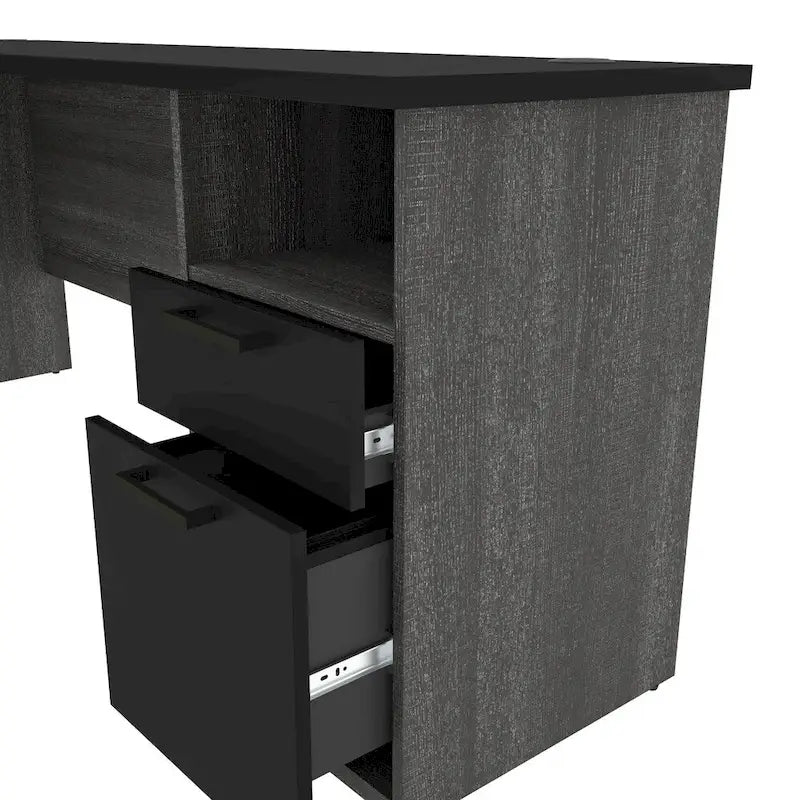 L-Shaped Desk with File Drawer, Keyboard Tray & USB Outlets, Black & Bark Gray / Walnut Gray & White, Modern Style