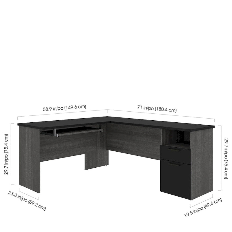 L-Shaped Desk with File Drawer, Keyboard Tray & USB Outlets, Black & Bark Gray / Walnut Gray & White, Modern Style