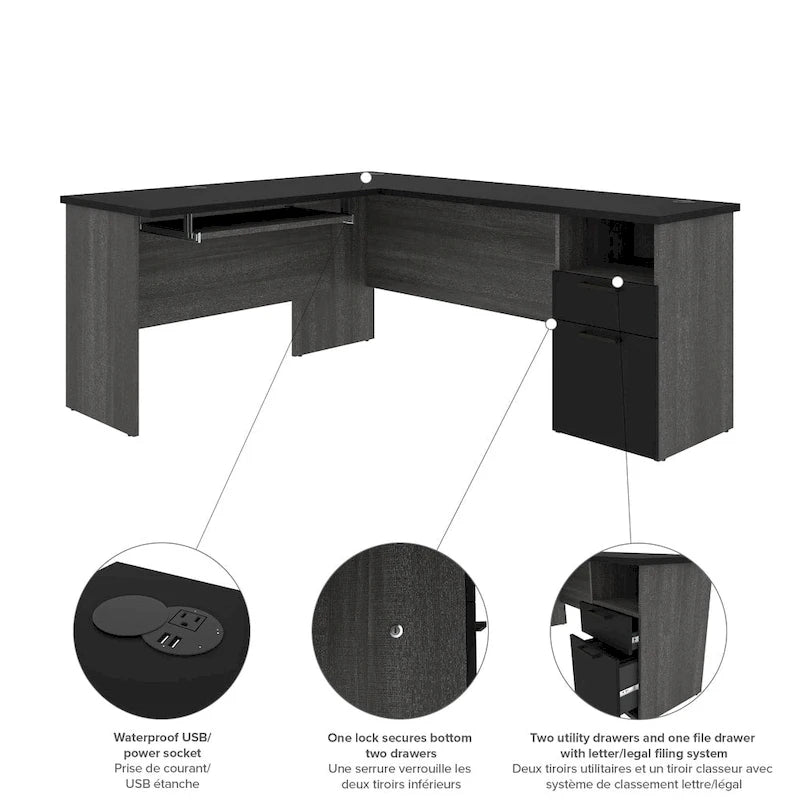L-Shaped Desk with File Drawer, Keyboard Tray & USB Outlets, Black & Bark Gray / Walnut Gray & White, Modern Style