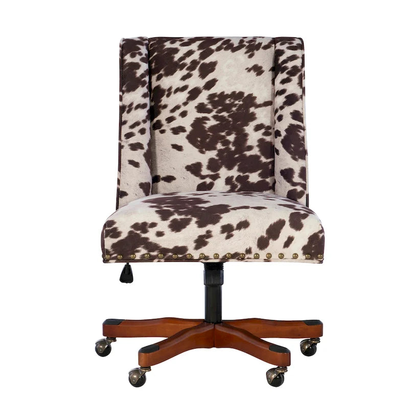 Adjustable Height Office Chair with Cow Print Upholstery & Nail-Head Trim, White / Brown / Black, Eclectic Style – 1 Person