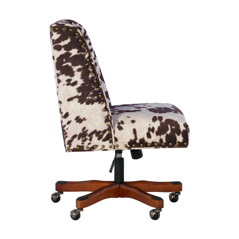 Adjustable Height Office Chair with Cow Print Upholstery & Nail-Head Trim, White / Brown / Black, Eclectic Style – 1 Person