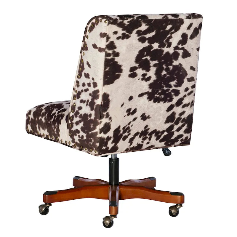 Adjustable Height Office Chair with Cow Print Upholstery & Nail-Head Trim, White / Brown / Black, Eclectic Style – 1 Person