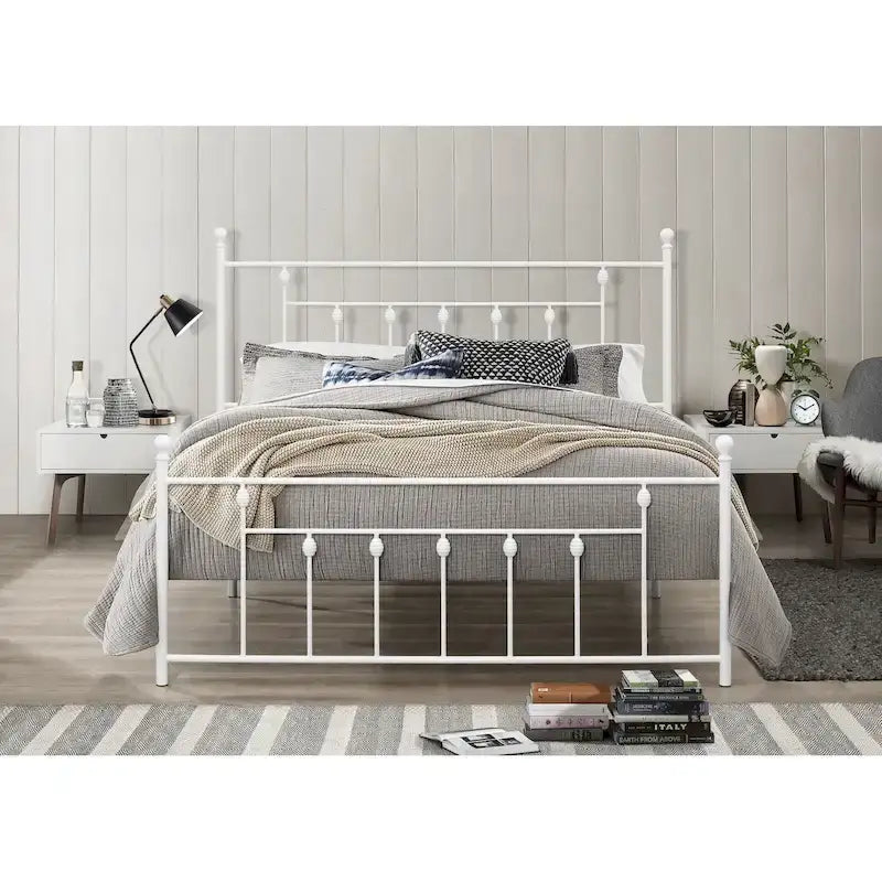 Metal Platform Bed with Slatted Headboard & Footboard, Black / White / Brown / Gold, Victorian Style – Twin / Full / Queen / King
