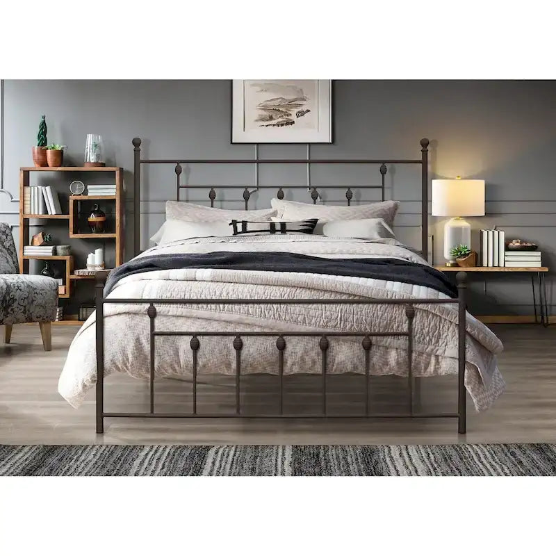 Metal Platform Bed with Slatted Headboard & Footboard, Black / White / Brown / Gold, Victorian Style – Twin / Full / Queen / King
