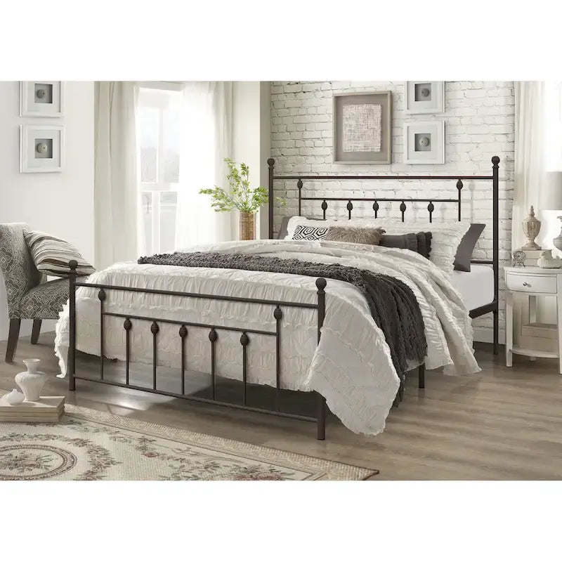 Metal Platform Bed with Slatted Headboard & Footboard, Black / White / Brown / Gold, Victorian Style – Twin / Full / Queen / King