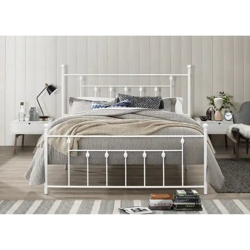 Metal Platform Bed with Slatted Headboard & Footboard, Black / White / Brown / Gold, Victorian Style – Twin / Full / Queen / King