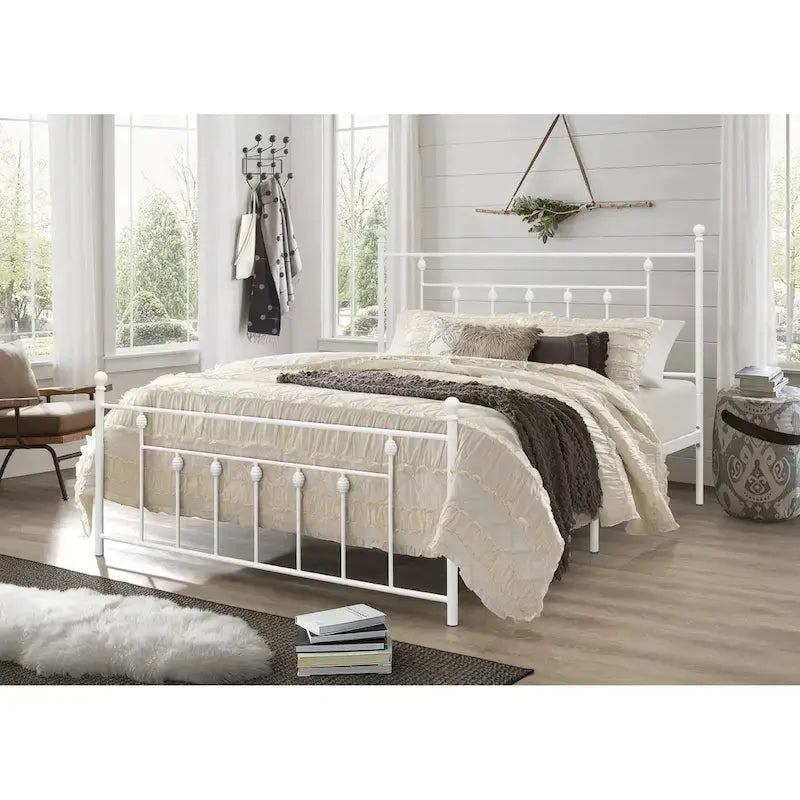 Metal Platform Bed with Slatted Headboard & Footboard, Black / White / Brown / Gold, Victorian Style – Twin / Full / Queen / King