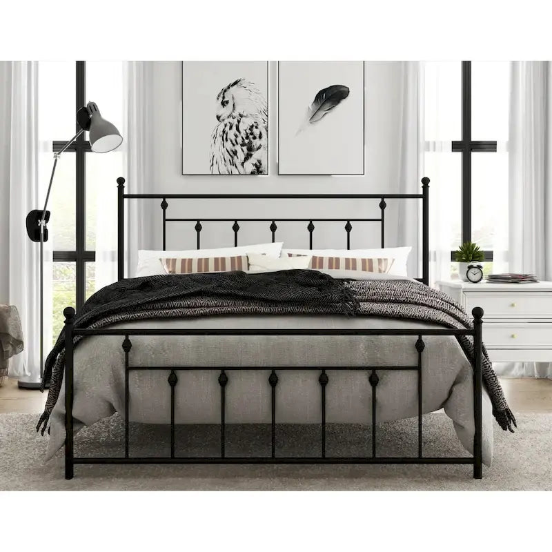 Metal Platform Bed with Slatted Headboard & Footboard, Black / White / Brown / Gold, Victorian Style – Twin / Full / Queen / King