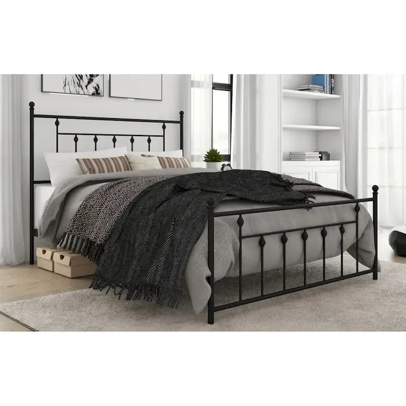 Metal Platform Bed with Slatted Headboard & Footboard, Black / White / Brown / Gold, Victorian Style – Twin / Full / Queen / King