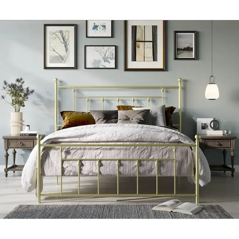Metal Platform Bed with Slatted Headboard & Footboard, Black / White / Brown / Gold, Victorian Style – Twin / Full / Queen / King