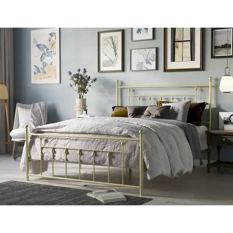 Metal Platform Bed with Slatted Headboard & Footboard, Black / White / Brown / Gold, Victorian Style – Twin / Full / Queen / King