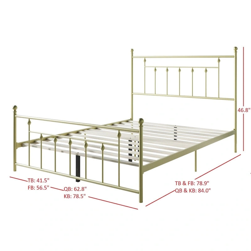 Metal Platform Bed with Slatted Headboard & Footboard, Black / White / Brown / Gold, Victorian Style – Twin / Full / Queen / King