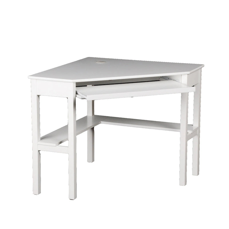 Corner Desk with Pull-Out Keyboard Tray & Lower Shelf, White, Classic Style