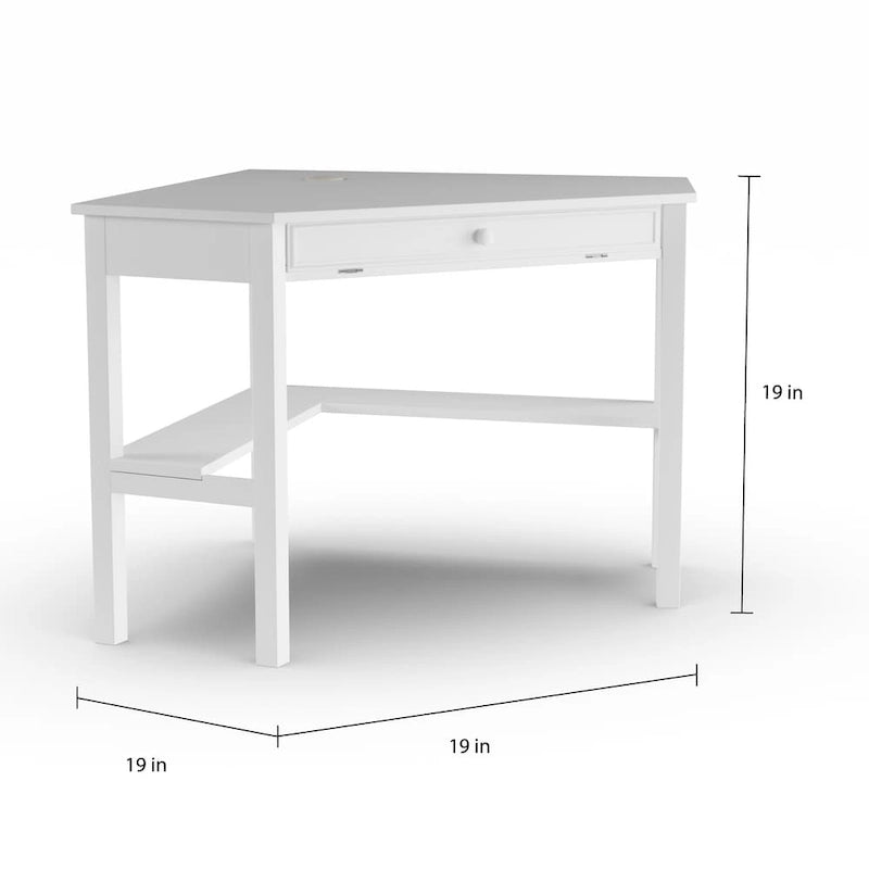 Corner Desk with Pull-Out Keyboard Tray & Lower Shelf, White, Classic Style