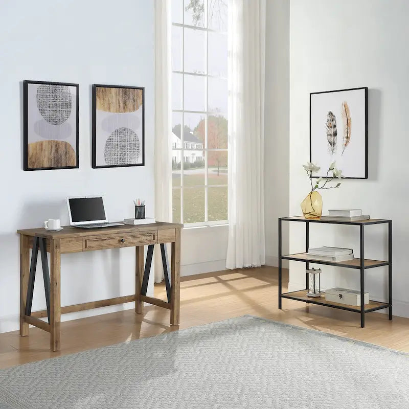Writing Desk with Storage Drawer, Built-In USB & AC Outlets, Brown Wood Finish, Industrial Style