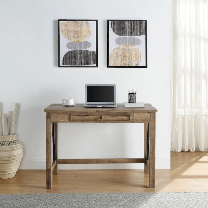 Writing Desk with Storage Drawer, Built-In USB & AC Outlets, Brown Wood Finish, Industrial Style