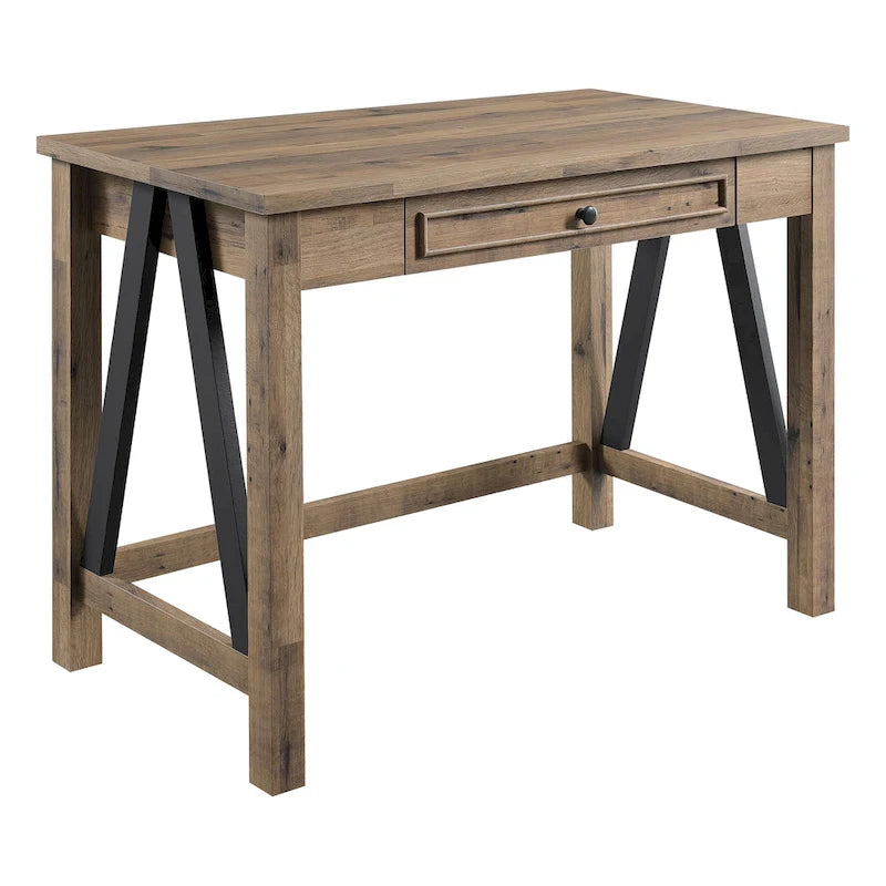 Writing Desk with Storage Drawer, Built-In USB & AC Outlets, Brown Wood Finish, Industrial Style