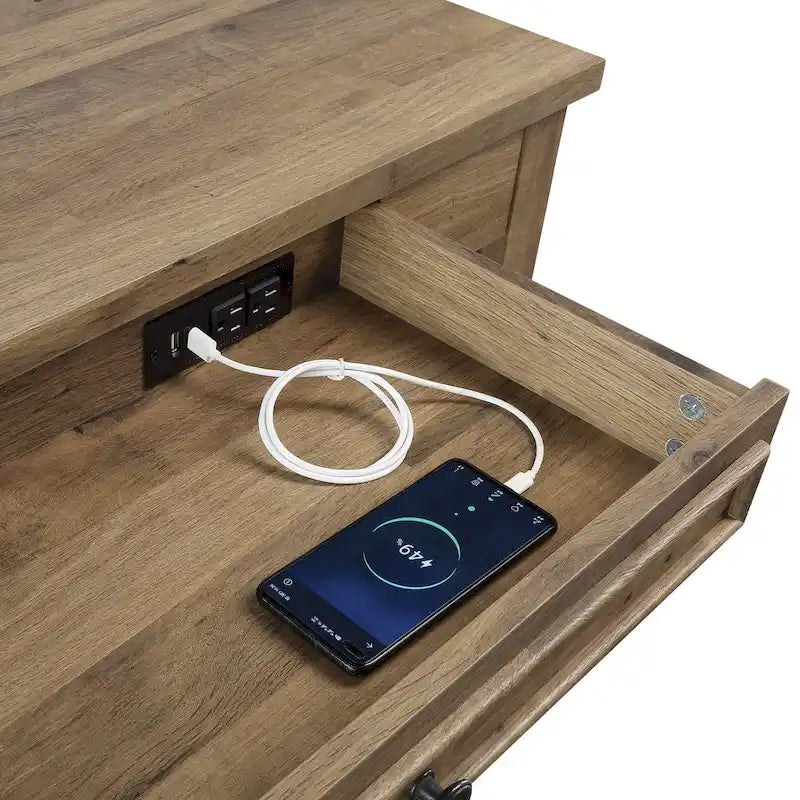 Writing Desk with Storage Drawer, Built-In USB & AC Outlets, Brown Wood Finish, Industrial Style