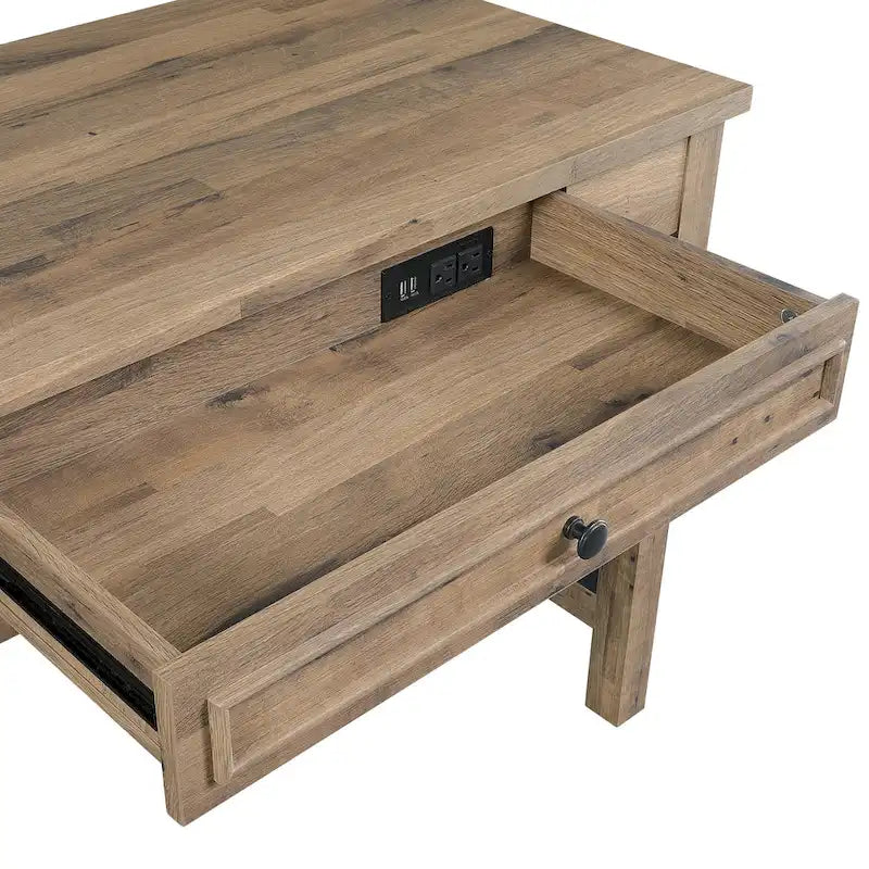 Writing Desk with Storage Drawer, Built-In USB & AC Outlets, Brown Wood Finish, Industrial Style