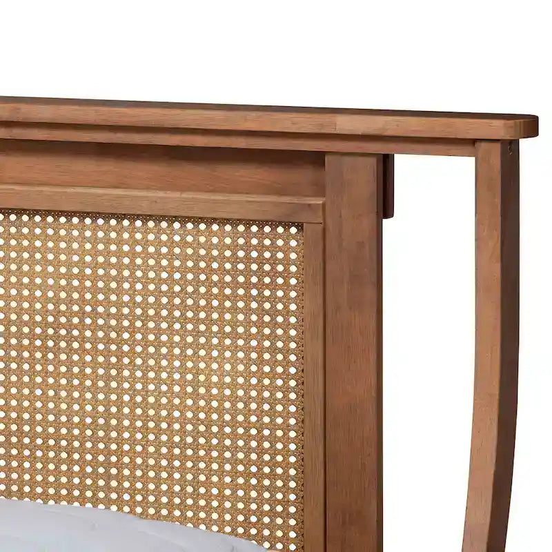 Platform Bed with Woven Synthetic Rattan Headboard & Turned Legs, Walnut Brown, Transitional Style – Full / Queen / King