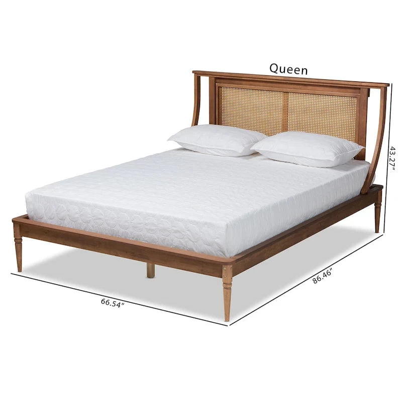 Platform Bed with Woven Synthetic Rattan Headboard & Turned Legs, Walnut Brown, Transitional Style – Full / Queen / King
