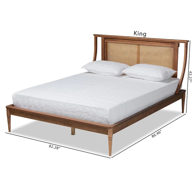 Platform Bed with Woven Synthetic Rattan Headboard & Turned Legs, Walnut Brown, Transitional Style – Full / Queen / King