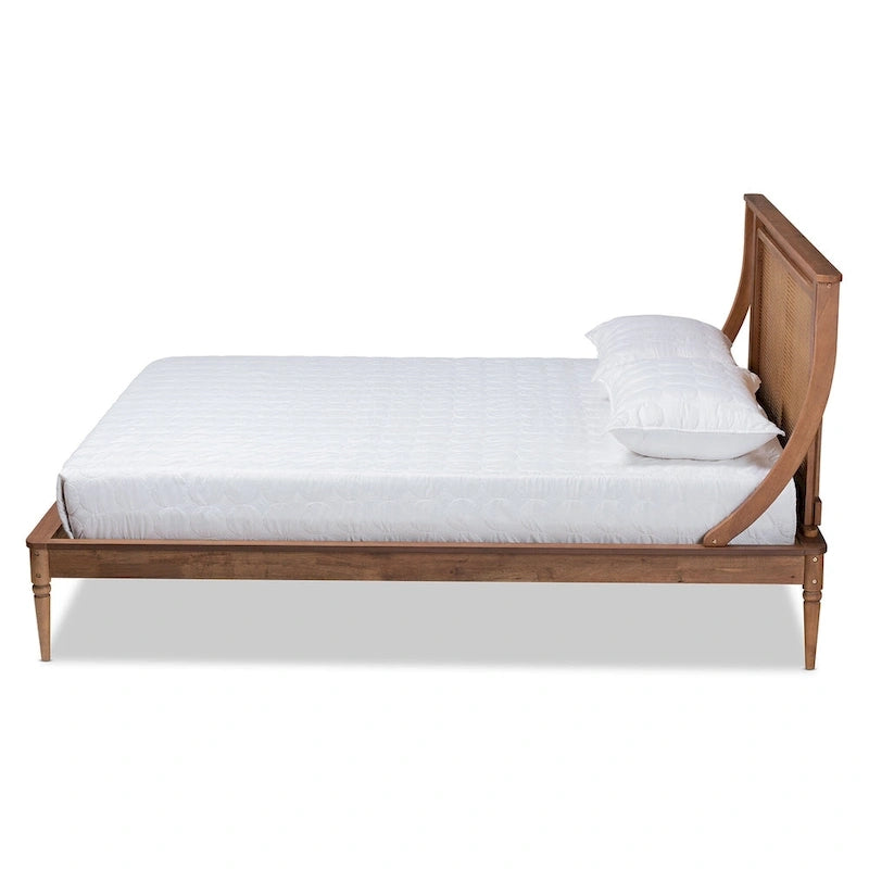 Platform Bed with Woven Synthetic Rattan Headboard & Turned Legs, Walnut Brown, Transitional Style – Full / Queen / King