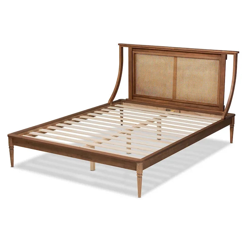 Platform Bed with Woven Synthetic Rattan Headboard & Turned Legs, Walnut Brown, Transitional Style – Full / Queen / King