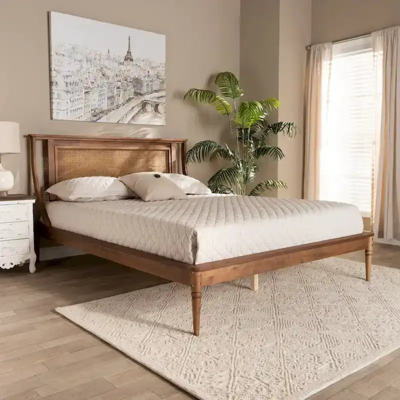 Platform Bed with Woven Synthetic Rattan Headboard & Turned Legs, Walnut Brown, Transitional Style – Full / Queen / King