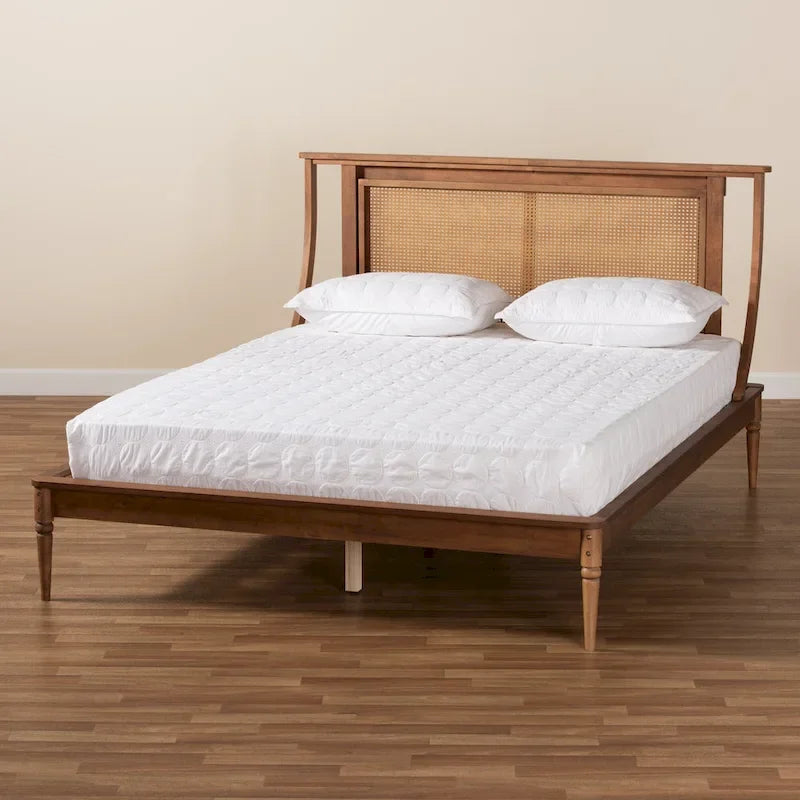 Platform Bed with Woven Synthetic Rattan Headboard & Turned Legs, Walnut Brown, Transitional Style – Full / Queen / King