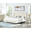 Upholstered Wingback Platform Bed with Gold-Black Cone Legs, Beige / Gray Velvet, Modern Style – Queen / King