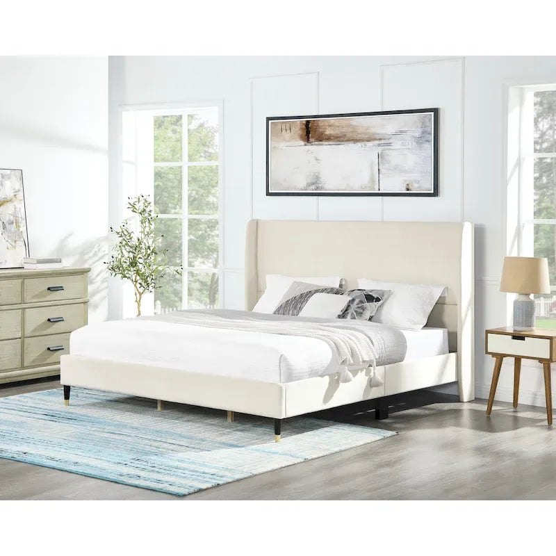 Upholstered Wingback Platform Bed with Gold-Black Cone Legs, Beige / Gray Velvet, Modern Style – Queen / King